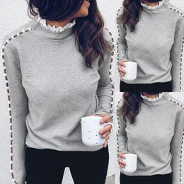 Women`s Lace Turtleneck Knitted Button Long Sleeve Jumper Sweater Autumn Winter Ladies Solid Color Pullover Bottoming Top