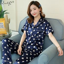 Floral Silk Pyjamas Set Women Satin Sleepwear Short Sleeves Long Pants Sleep Suit Ladies Silk Pyjamas Home Clothing Nightwear 210203