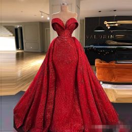 Red Prom 2021 Dresses Elegant Off The Shoulder Sequins Beading Appliqued Overskit Custom Made Formal Evening Party Gowns Vestidos