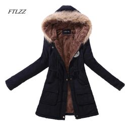 FTLZZ New Autumn Winter Women Jacket Cotton Padded Casual Slim Coat Emboridery Hooded Parkas Plus Size 3xl Wadded Overcoat 201210