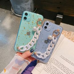 Shockproof protective cover case for iphone 11 12 pro max x xr xs max 7 8 plus clear crystal foil phone case with pearl chain strap