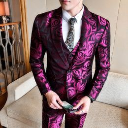 (Jacket +vest+pant ) Rose Pink Smoking Uomo Grooms Suit Men Business Tuxedos Slim Fit Club Party Prom Suit Abito Uomo Cerimonia 201105