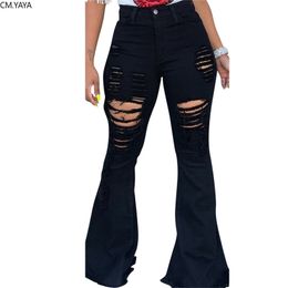 Winter Spring Denim Pants Women Retro Solid Hole Jeans Ripped Flare Trousers Skinny Casual High Waist Pants Sexy GL9025 201223
