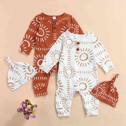 Sun Printing Unisex Baby Jumpsuit Newborn Infant Girl Boy Long Sleeve Romper with Hat 2pcs Suit for 0-24Months G220223