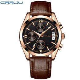 2020 CRRJU Men Military Watches Male Black dial Business quartz watch Men's Leather Strap Waterproof Clock Date Multifunction Mens Watches