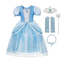 MUABABY Girls Princess Costume Kids Blue Rella Fancy Dress Up Party Gown Children Birthday Party Dancing Clothes with Bow LJ200923