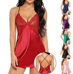 Lingerie Sexy Faux Silk Nightgowns Satin Sleepwear Lace Night Dress Women Sleeveless Nighties V Neck Nightdress Nightwear Nightshirt BY1634