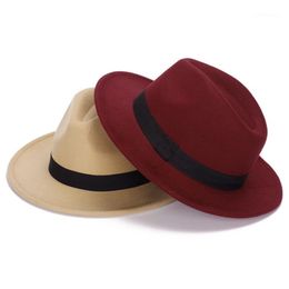 Wide Brim Hats HT1224 Fashion Women Men Fedora Hat Jazz Cap Vintage Panama Sun Top Unisex Solid Red Grey Wool Felt1