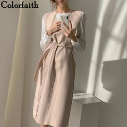 Colorfaith New 2021 Winter Spring Women Dresses Sashes Solid Split Straight Knitting Warm Sweater Elegant Office Ladies DR7199 Y0118