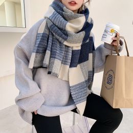 Casual simple white blue plaid scarf for women in autumn and winter thick warm imitation cashmere shawl Korean style scarf