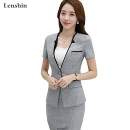 Lenshin 2 Pieces Set Light and Thin Contrast Collar for Summer work wear women skirt suits Formal Short-Sleeve blazer & skirt 200922