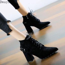 Belt buckle commuter boots women autumn and winter 2020 tie rivet pointed thick heel high heel boots Ankle1