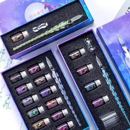 13/7Pcs Crystal Glass Pen Starry Sky Unicorn Dip Pen Glitter Powder Fountain Pen 12 Colours Ink Gift Box Set Writing Supplies 201202