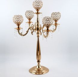 NEW 76 cm height 5-arms metal Gold candelabras with crystal pendants wedding candle holder Event Centrepiece