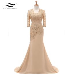 Three Quarters Sleeves Champagne Mermaid Lace Formal Evening Dress With Jacket Mother Of Bride Gown For Wedding Party SL- LJ201125