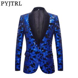 PYJTRL Series Men Royal Blue Black Velvet Floral Shiny Sequins Blazers Wedding Groom Prom Singer Slim Suit Jacket Y201026
