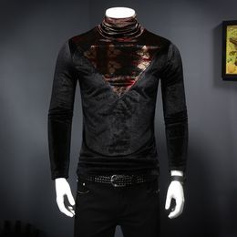 Autumn Winter Velvet Tops Male Slim Fit Turtleneck T-Shirts Long Sleeve Tee M-4XL Royal T Shirt Men 201202