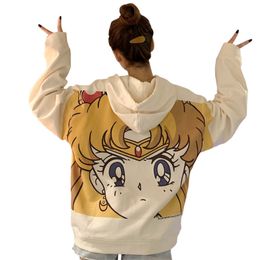 Streetwear Kazak Harajuku Sailor Moon Karikatür Baskı Hoodie Kadınlar Gevşek Casual Sevimli Cep Uzun Kollu Kazak Giyim 201007 Tops