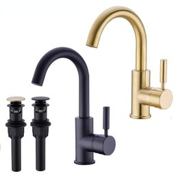 Solid Brass Black Bathroom Basin Faucet Cold And Hot Water Mixer Sink Tap Single Handle Brushed Gold Taps with Pop Up Drain