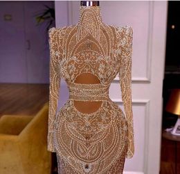 Evening dress women clothes Balqeesfathi Nawalelzoghbi Crystal Beads High-Neck Long sleeve Mermaid Sheath Pearls Silver Crystal Beads Yousef aljasmi Myriam fares