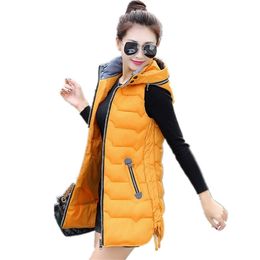 5XL Thick Warm Long Vests For Women Down Jackets Female Winter Cotton Waistcoat Detachable Hat Yellow Women's Sleeveless Coat 201211