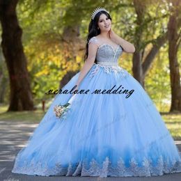 New Sky Blue Princess Quinceanera Dress Ball Gown Bead Lace Applique Vestido Mexicano Style Sweet 15 Prom Gown