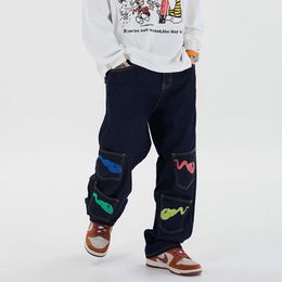 High Street Tadpole Print Multi-pockets Graffiti Jeans Trousers Men and Women Straight Oversize Ripped Hip Hop Denim Pants