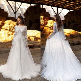 2021 Bohemia Wedding Dresses Long Sleeves Lace Appliques Bridal Gowns Custom Made Sexy Backless Sweep Train A Line Wedding Dress