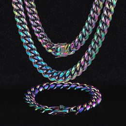 Cool Mens Necklace 8/10/12/14mm Colourful Gold Plated Stainless Steel Cuban Chain Necklace Bracelet for Men Women Punk Jewellery Wholesale