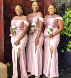 Black African Girls Sexy Plus Size Mermaid Bridesmaid Dresses Sheer Neck Beaded Maid of Honor Gowns High Side Split Wedding Guest Dress