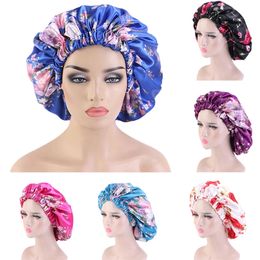 Muslim Women Night Sleep Cap Satin Flower Print Elastic Bonnet Hat For Hair Care Head Cover Hair Loss Hat Beanies Skullie Islami