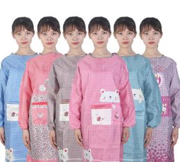 New Adult Cute Lattice Aprons Long Sleeve Baking Apron Anti Oil Waterproof Animal Pinafore Pocket Kitchen Household Accessories