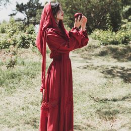 YamDi Zarif Pist A-Line Bahar Yaz Vintage Kadın Midi Elbise Parti Boho Elbiseler Kadınlar Uzun Kollu Kırmızı Hoodied Vestido 201204