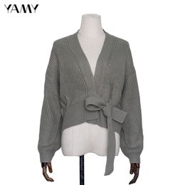 Top quality Womens green Sweater long sleeve Female Winter Cardigan with sashes chic Streetwear Womens za Knit Top Sweater 201111