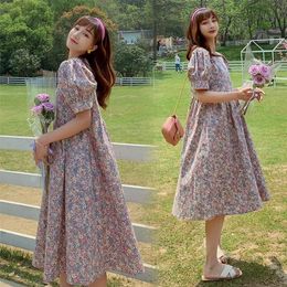 1609# Maternity Clothes Summer Cotton Floral O Neck Short Sleeve Loose Stylish Dress for Pregnant Women Mom Dress LJ201123