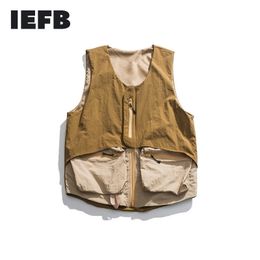 IEFB /men's wear Work Clothes many Pockets outwear vest male autumn Loose zipper v collar waistcoat all-match 9Y1349 201104