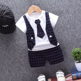 Children Tracksuits Baby Boys Girls Short T-shirt Shorts /sets Summer Kids gentleman Tie Plaid Bowknot Pure Cotton Clothes LJ201223