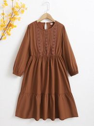 Girls Contrast Guipure Lace Bishop Sleeve Ruffle Hem Dress SHE