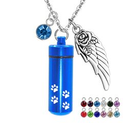 Cremation Ashes Necklace For Pet Paws With 12 Birthstones Aluminum Alloy Cylinder Memorial Pendant Jewelry Ashes Keepsake