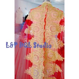 Custom Made Wedding Cape 2 5m Long Red tulle with Gold Applique Wedding Accessories Bridal Veils Top Quality307W