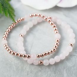 6 mm Polished Rose Quartz Rose Gold Color Bead Bracelet Set Pink Gem stone Bracelet Dainty Healing Crystals Bracelet