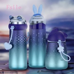 Fsile Creative Gradient Color Rabbit Wit Cat Thermos Cup Portable Student Men and Women Vacuum Stainless Steel Water Bottle 201221