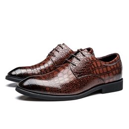 Men Genuine Leather Crocodile Pattern Shoes Formal Dress Classic Pointed Glossy Wedding Lace Up Oxford Shoes