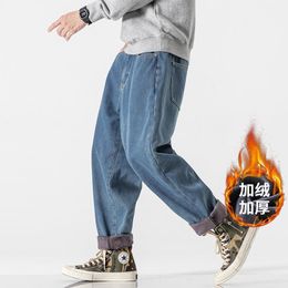 Men's Jeans Harajuku Fleece Winter Warm 2022 Classic Blue Elastic Waist Denim Thick Pants Male Brand Trousers Plus Size 5XL-M
