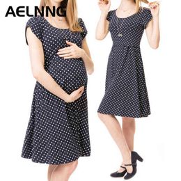 2022 New Maternity Dress Spring Summer Breastfeeding Dress For Women Short Sleeve Polka Dot Grace Mother Skirt T1005 G220309
