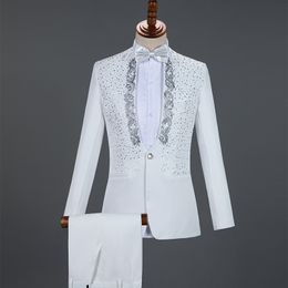 Red Sparkly Crystals Embroidery Blazers Suit Wedding Groom White Stage Chorus Men Dresses Singer Host 2-Piece Set Costume 201109
