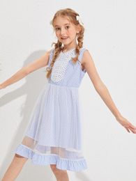 Girls Guipure Lace Panel Mesh Striped Dress SHE