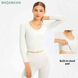 SHINBENE 2 In 1 Built In Bras Cropped Fitness Sport Shirts Women Slim Fit Naked Feel Gym Workout Long Sleeved Crop Tops XS-XL H1221