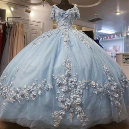 Baby Blue Princess Abiti Quinceanera con spalle scoperte Fiori 3D Ball Gown Sweet 16 15 Birthday Party Wear