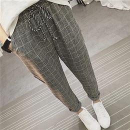 Women's Pants New Summer Casual Loose Harem Pants Cotton Linen Plaid Capris Grid Spring Literary Trousers Sarouel Femme 201031